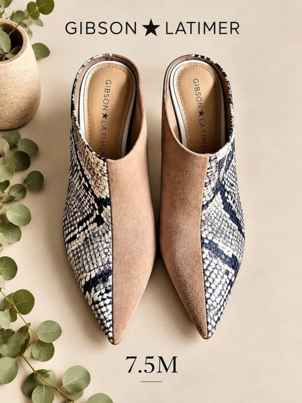 Gibson Latimer Taupe Suede Snakeskin Pointed-Toe Mule Booties, 7.5M